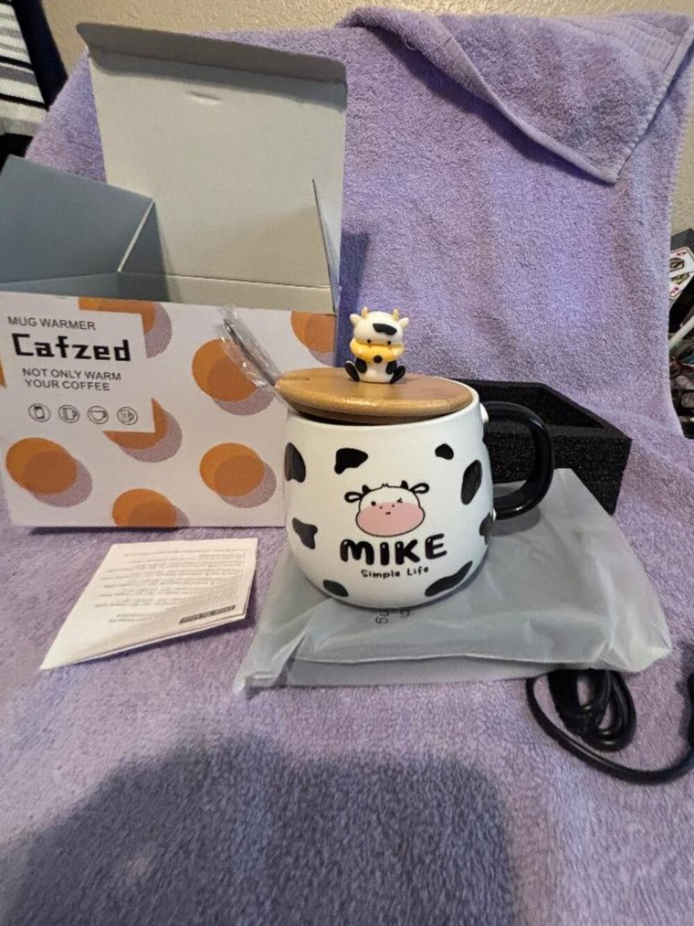 Cafzed Coffee Mug Warmer with Cute Cow Mug Desk "Mike" Name With Spoon NIB